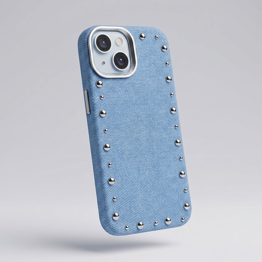 Funda Denim MagBattery para iPhone 13 — vista trasera con cierre magnético
