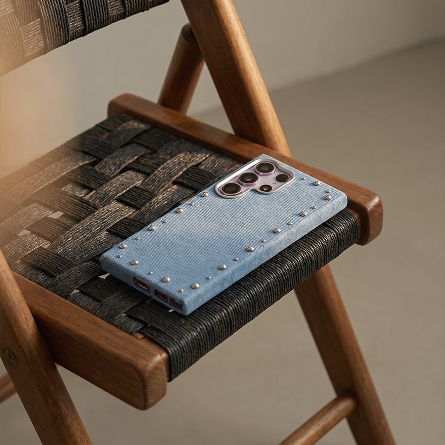 Carcasa Denim MagBattery para Samsung Galaxy S24 Ultra — vista en ángulo estilo casual
